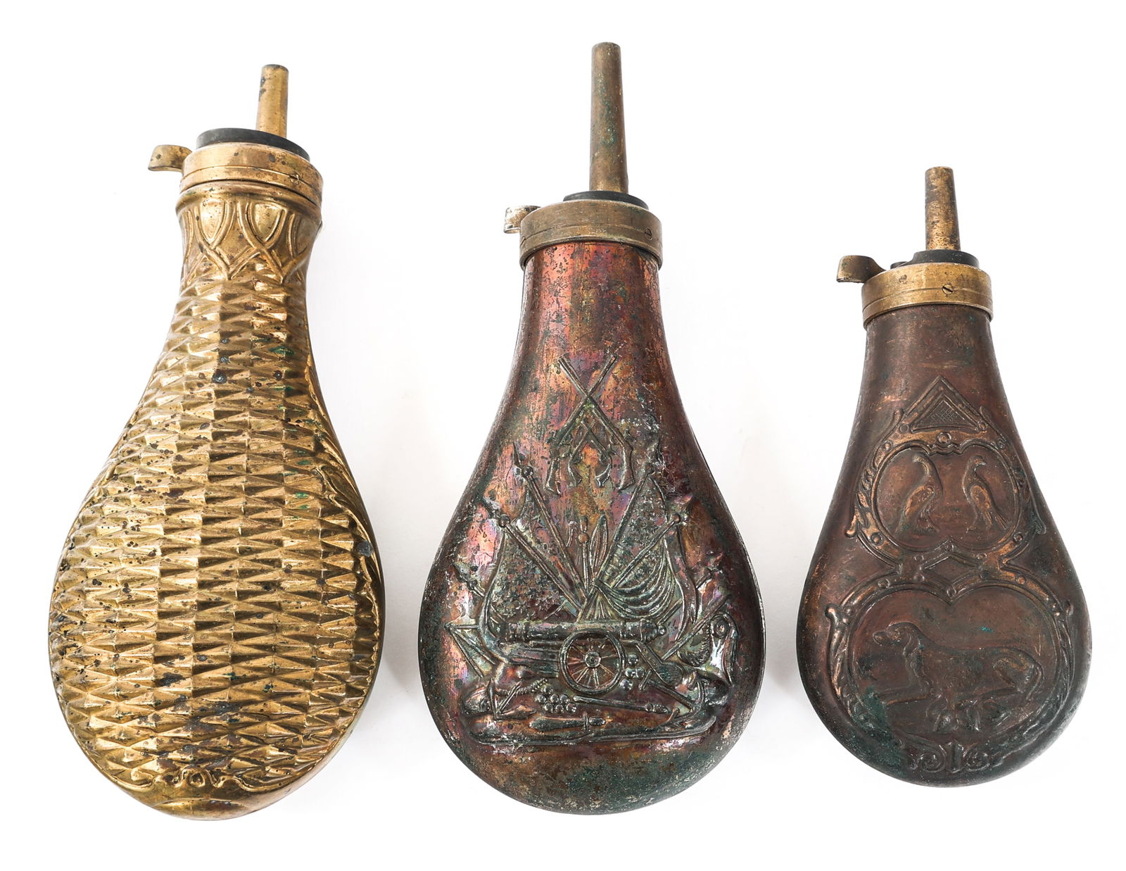 19th C. CIVILIAN & MODERN POWDER FLASKS: 19th C. CIVILIAN & MODERN POWDER FLASKS 19th C. Civilian & Contemporary Production / Reenactor Powder Flasks. (1) 19th C. Civilian Powder Flask. Textured brass construction with floral designs. (1) 19