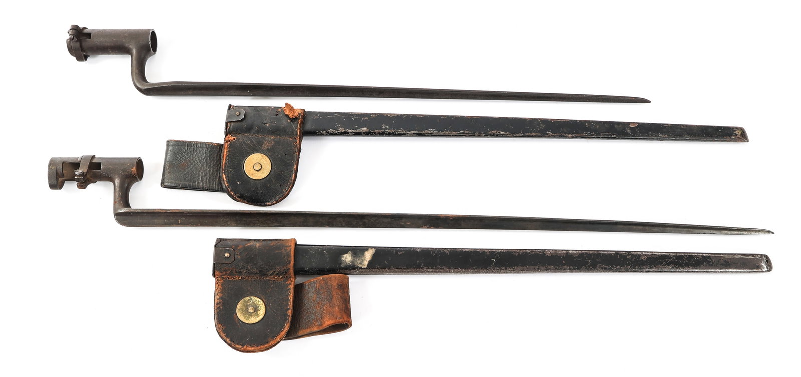 19th C. US & NGP SOCKET BAYONETS: 19th C. US & NGP SOCKET BAYONETS 19th Century US and Pennsylvania National Guard Socket Bayonets with scabbards. One scabbard does not match the bayonet. Blade Length: 17 3/4" to 21 5/8" | Total Lengt