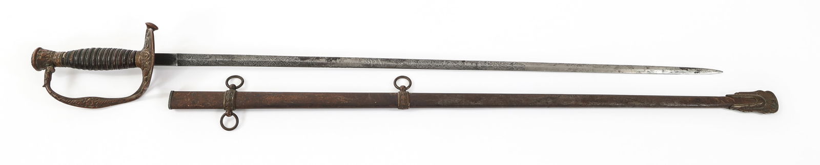 19th C. US FRATERNAL SWORD: 19th C. US FRATERNAL SWORD Late 19th Century US Fraternal Sword. Double edged, straight blade acid etched "Nels", patriotic and floral patterns. Maker mark of WKC and distributor mark of Willoughby Hi