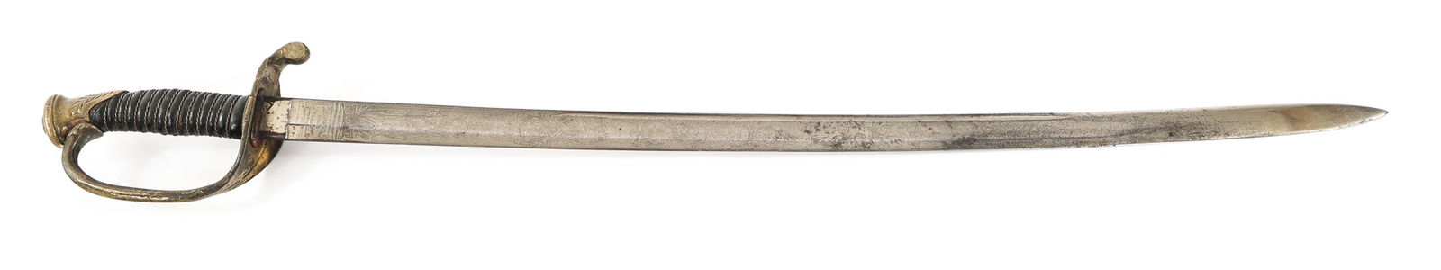 USMC M1859 SENIOR NCO SWORD: USMC M1859 SENIOR NCO SWORD US Marine Corps M1859 Senior NCO Sword. Single edged, slightly curved blade with fuller. Double acid etched "USMC", floral and patriotic patterns. Maker mark of WKC and dis