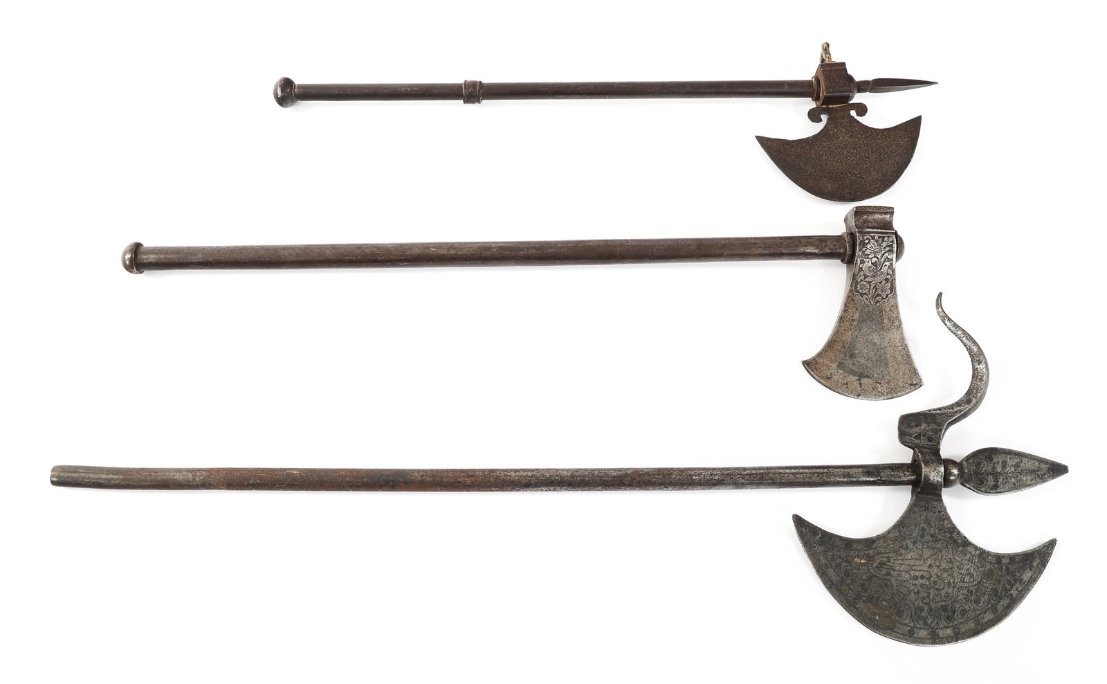 19th - 20th C. HALBERDS & AXE: 19th - 20th C. HALBERDS & AXE 19th - 20th Century Halberds and Axe. (2) Halberd. Iron handle. Halberd shaped blade. (1) Axe. Iron handle and axe head. Blade Length: 51/2" to 9 1/2" | Total Length: 20