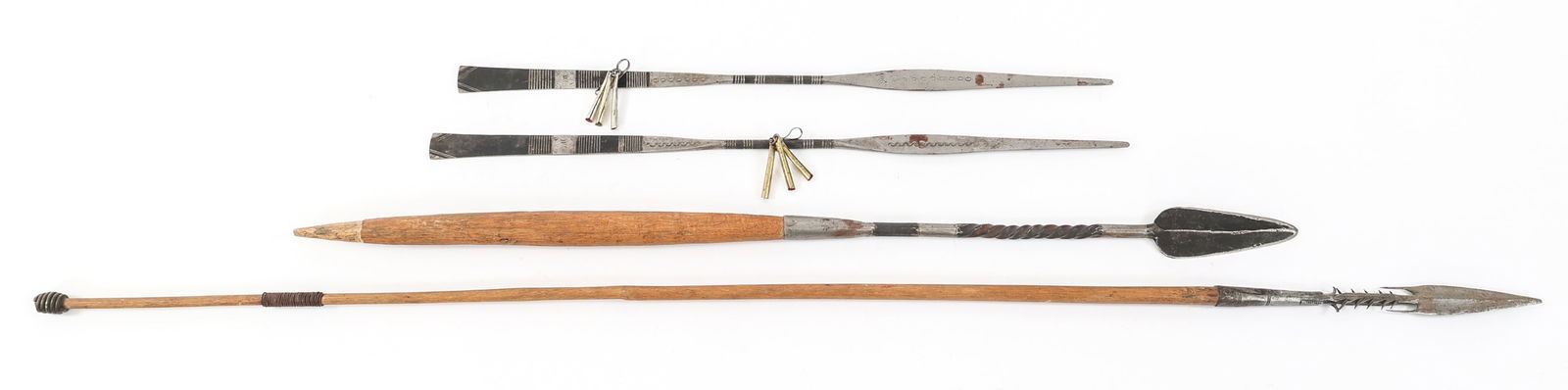 AFRICAN TRIBES HUNTING SPEARS & SPEAR HEADS: AFRICAN TRIBES HUNTING SPEARS & SPEAR HEADS African Throwing/Hunting Spears and Spear Heads. Iron and wood construction. Blade Length: 5" to 10 1/2" | Total Length: 34 1/2" to 51 1/4"