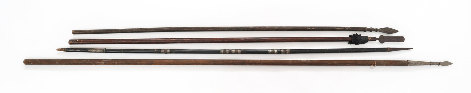 AFRICAN HUNTING SPEARS: AFRICAN HUNTING SPEARS African Hunting Spears. Leaf shaped and spear point blades. Wooden shafts. Blade Length: 3" to 5 1/2" | Total Length: 73 1/2" to 93 1/2"