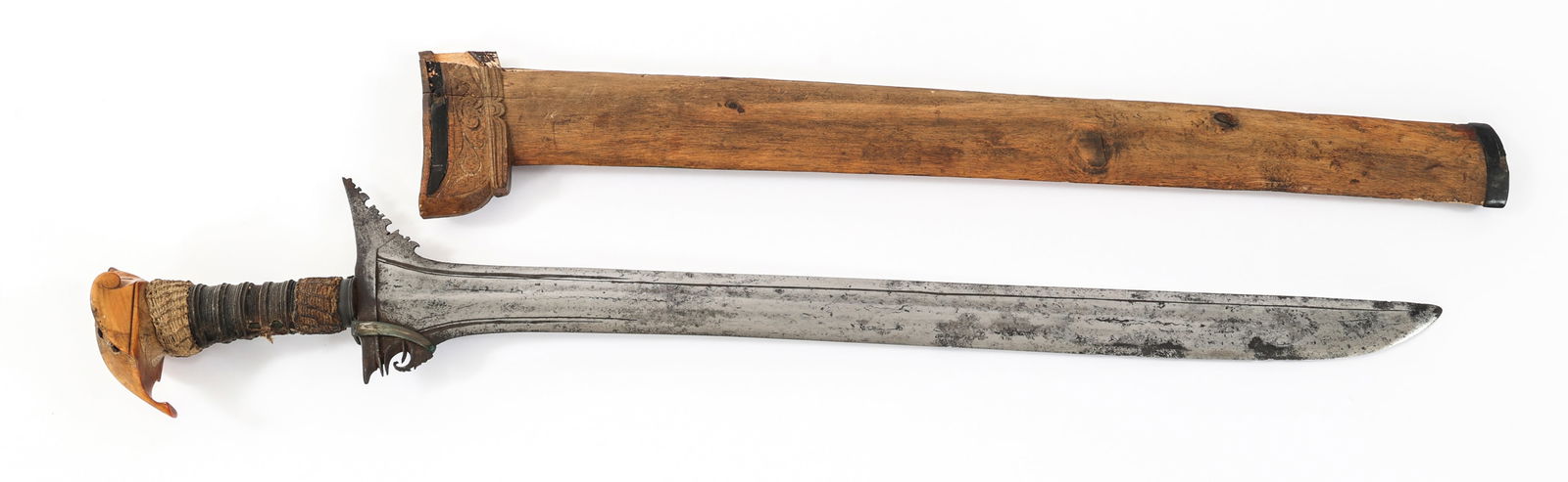 20th C. SOUTHEAST ASIAN KRIS DAGGER: 20th C. SOUTHEAST ASIAN KRIS DAGGER 20th Century Southeast Asian Kris Dagger. Double edged, straight blade. No visible maker marks. Leather and rope wrapped wooden handle. Wooden scabbard. Blade Lengt
