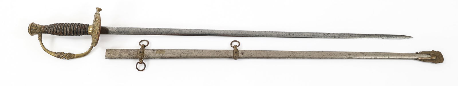 US GAR VETERAN M1860 STAFF NCO SWORD: US GAR VETERAN M1860 STAFF NCO SWORD US Grand Army of the Republic Fraternal M1860 NCO Sword. Double edged, bright blade. No visible maker marks. Gilded brass hilt with half clamshell GAR decorated gu