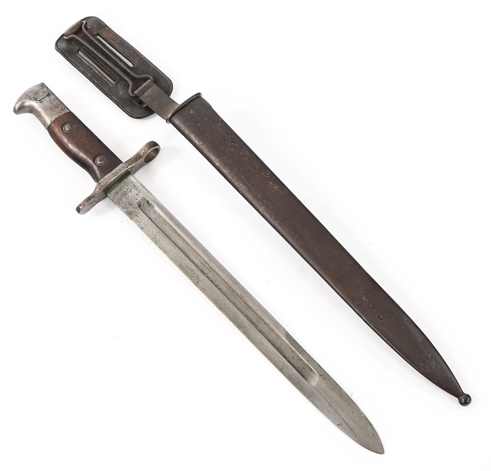 US ARMY MODEL 1892 KRAG BAYONET WITH SCABBARD: US ARMY MODEL 1892 KRAG BAYONET WITH SCABBARD US Army M1892 Krag Bayonet With Scabbard. Single edged, bright blade with fuller. "1903" stamped on one side of the ricasso, "US" on the reverse. Steel hi
