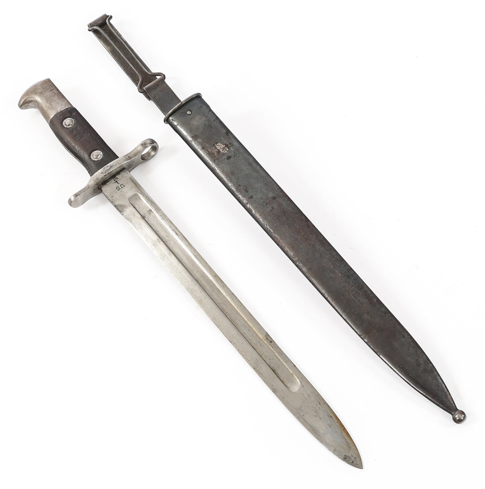 US ARMY MODEL 1892 KRAG BAYONET WITH SCABBARD: US ARMY MODEL 1892 KRAG BAYONET WITH SCABBARD US Army M1892 Krag Bayonet with Scabbard. Single edged, bright blade with fuller. "1902" stamped on one side of the ricasso, "US" on the reverse. Steel hi