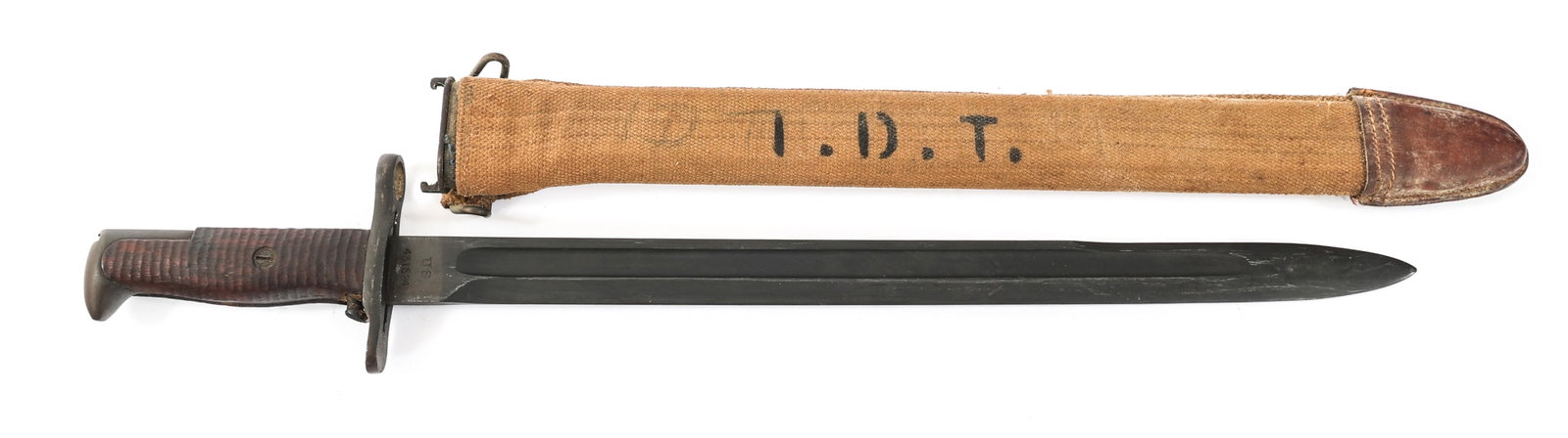 WWI US M1905 BAYONET by ROCK ISLAND ARSENAL: WWI US M1905 BAYONET by ROCK ISLAND ARSENAL WWII US M1905 Bayonet by Rock Island Arsenal. Single edged, blued blade with fuller. Maker mark of Rock Island Arsenal and Ordnance Dept. Flaming bomb stamp