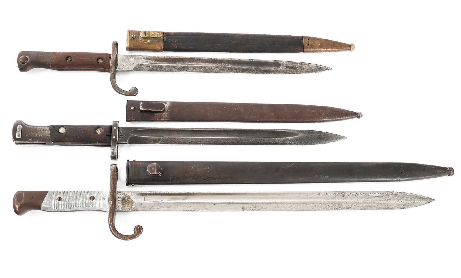 WWI - WWII WORLD MILITARY BAYONETS: WWI - WWII WORLD MILITARY BAYONETS WWI - WWII World Military Bayonets. (1) Brazilian M1908 Bayonet. Maker marked by Alexander Coppel. Leather covered scabbard with brass fittings. (1) Argentinian M189