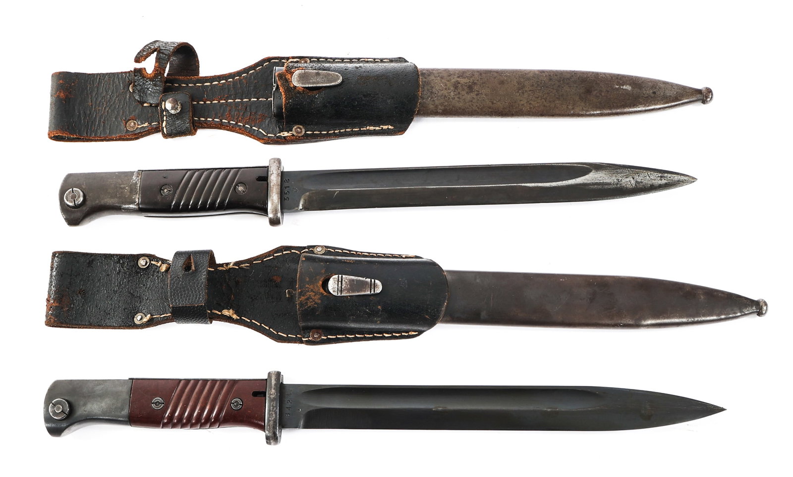 WWII GERMAN K98 COMBAT BAYONETS: WWII GERMAN K98 COMBAT BAYONETS WWII German K98 Combat Bayonets. (1) K98. Single edged, blued blade with fuller. Maker mark of E.u.F. Horster and serial number "3518" stamped on the ricasso. Steel hil