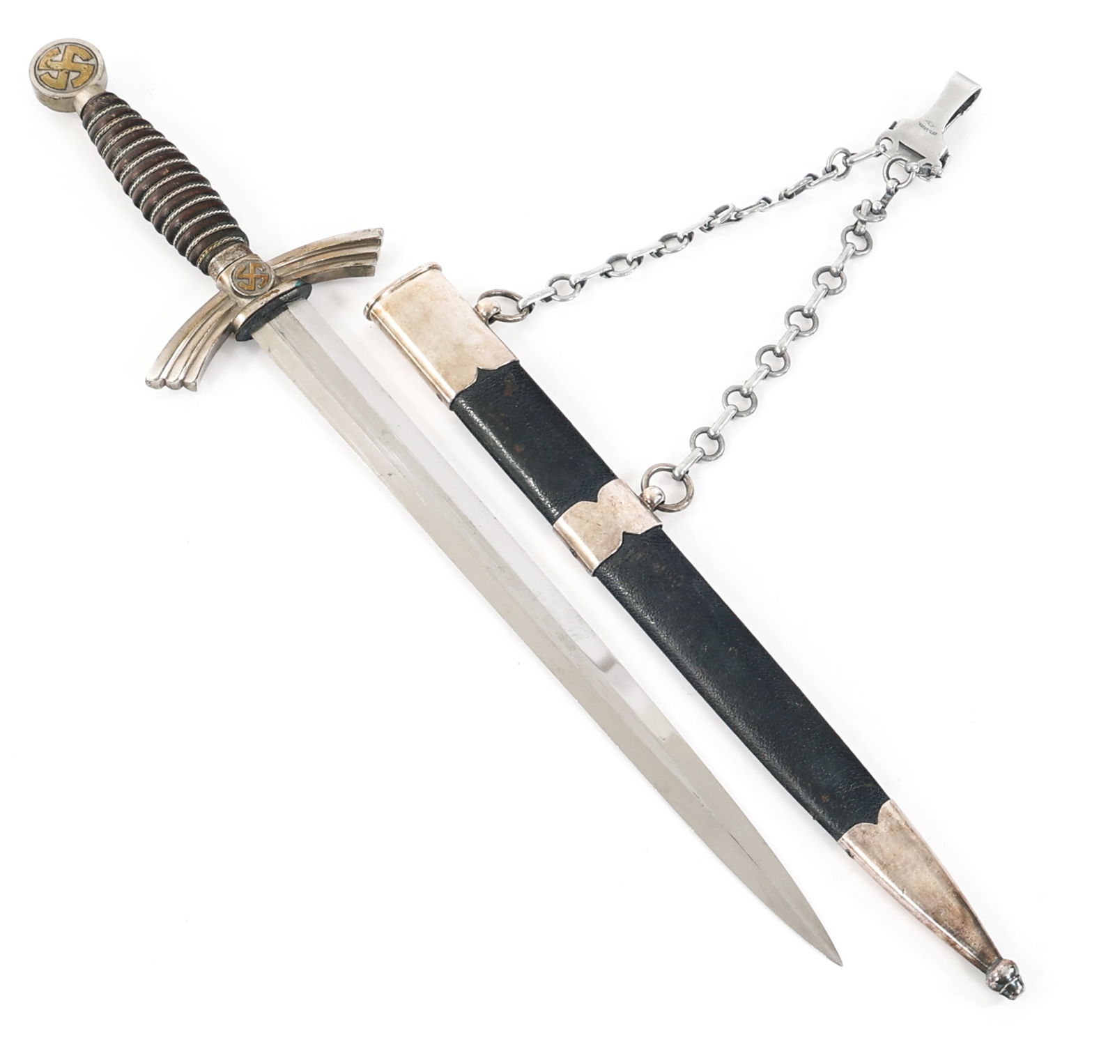 WWII GERMAN LUFTWAFFE 1st MODEL DAGGER: WWII GERMAN LUFTWAFFE 1st MODEL DAGGER WWII German Luftwaffe 1st Model Dress Dagger By Max Weyersberg. Double edged, bright blade. Maker mark of Max Weyersberg stamped near the ricasso. Blue pebbled l