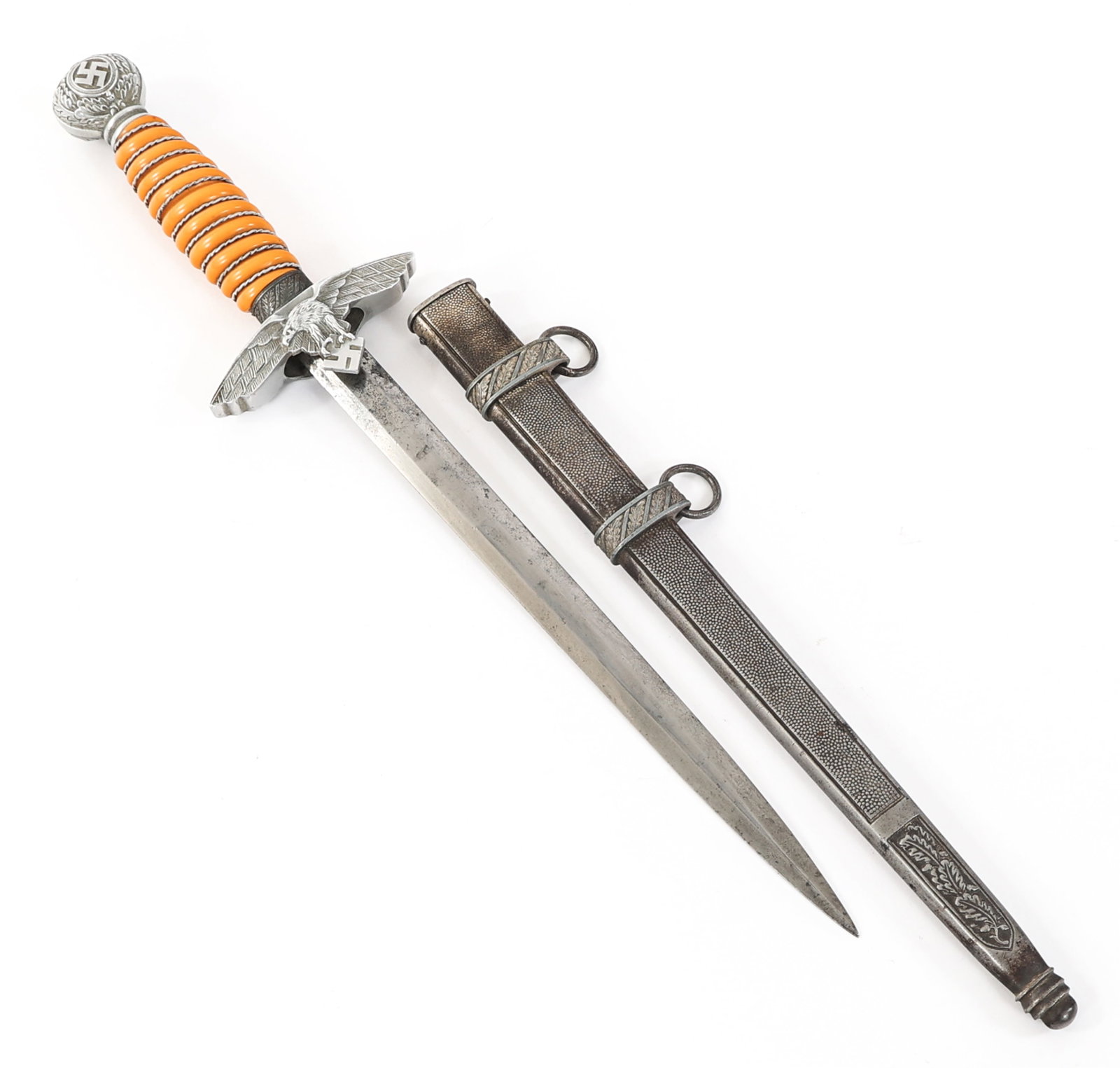 WWII GERMAN LUFTWAFFE 2nd MODEL DAGGER by SMF: WWII GERMAN LUFTWAFFE 2nd MODEL DAGGER by SMF WWII German 2nd Model Luftwaffe Dress Dagger by SMF. Double edged, bright blade. Maker mark of SMF and Waffenamt stamp on the ricasso. Nickel-silver plate