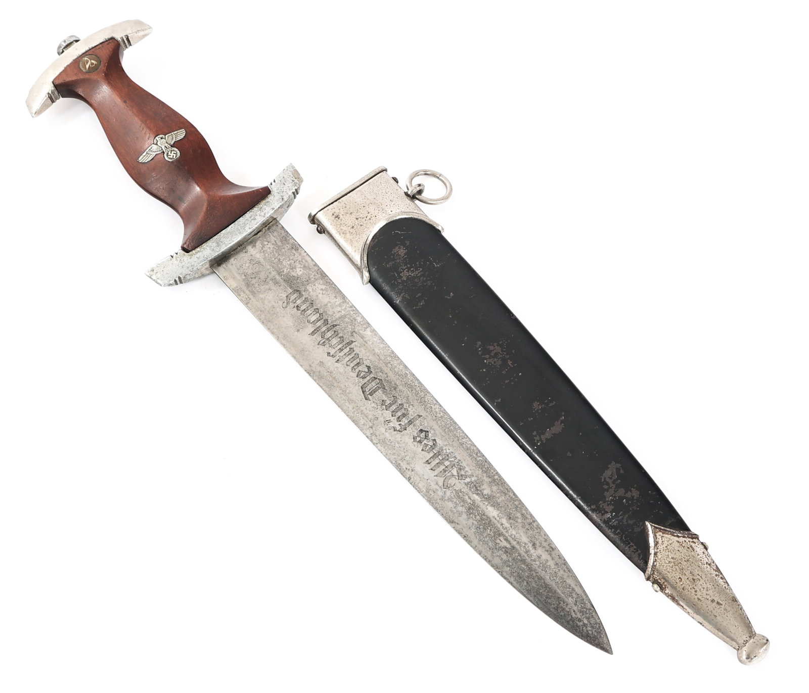 WWII GERMAN NSKK TRANSITIONAL DAGGER by HENCKELS: WWII GERMAN NSKK TRANSITIONAL DAGGER by HENCKELS WWII German NSKK Transitional Dress Dagger by J. A. Henckels. Double edged, bright blade with acid etched motto "Alles Fur Deutschland" in light grey b