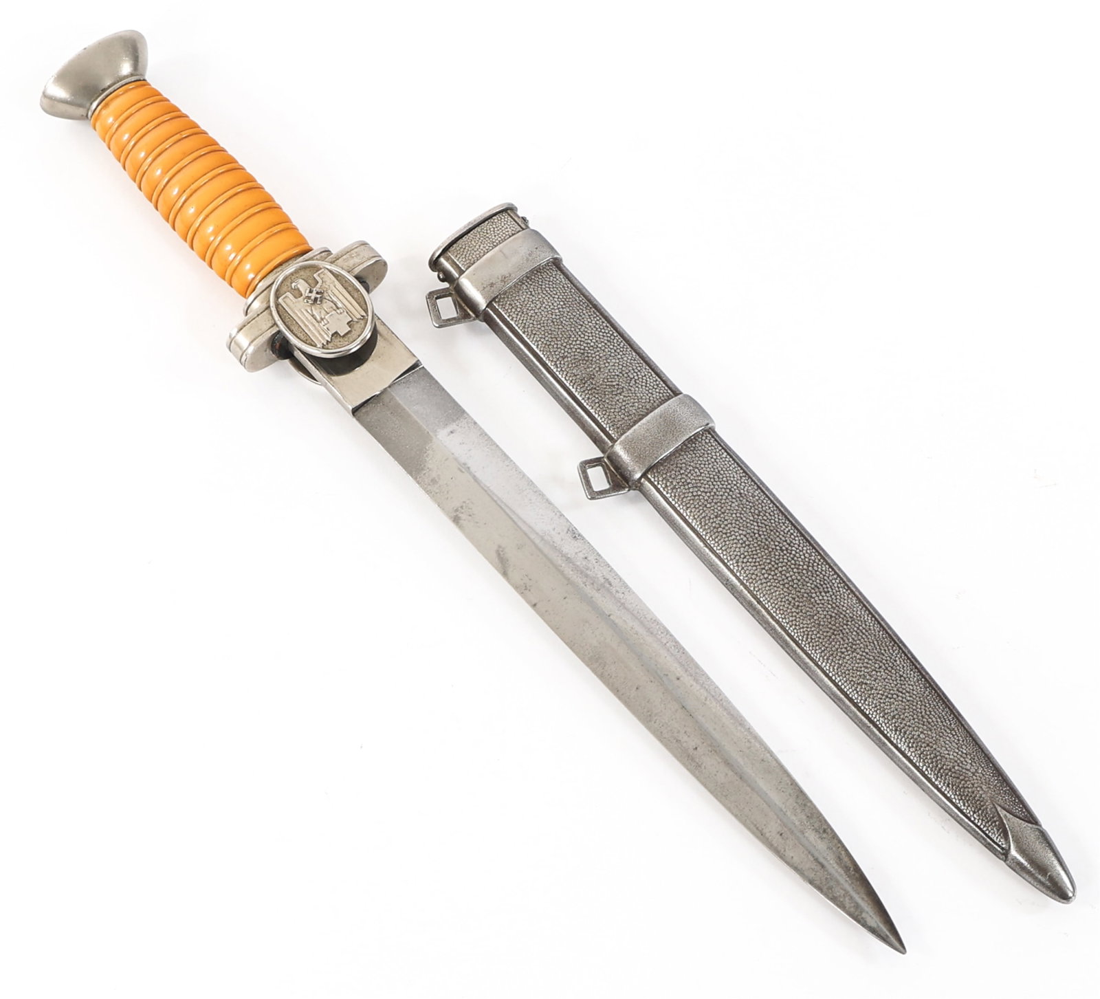 WWII GERMAN RED CROSS LEADERS DAGGER: WWII GERMAN RED CROSS LEADERS DAGGER WWII German Red Cross Leader's Dagger. Double edged, bright blade with no visible marks or stamps. Leather buffer pad present. Nickel-silver hilt with burnt orange