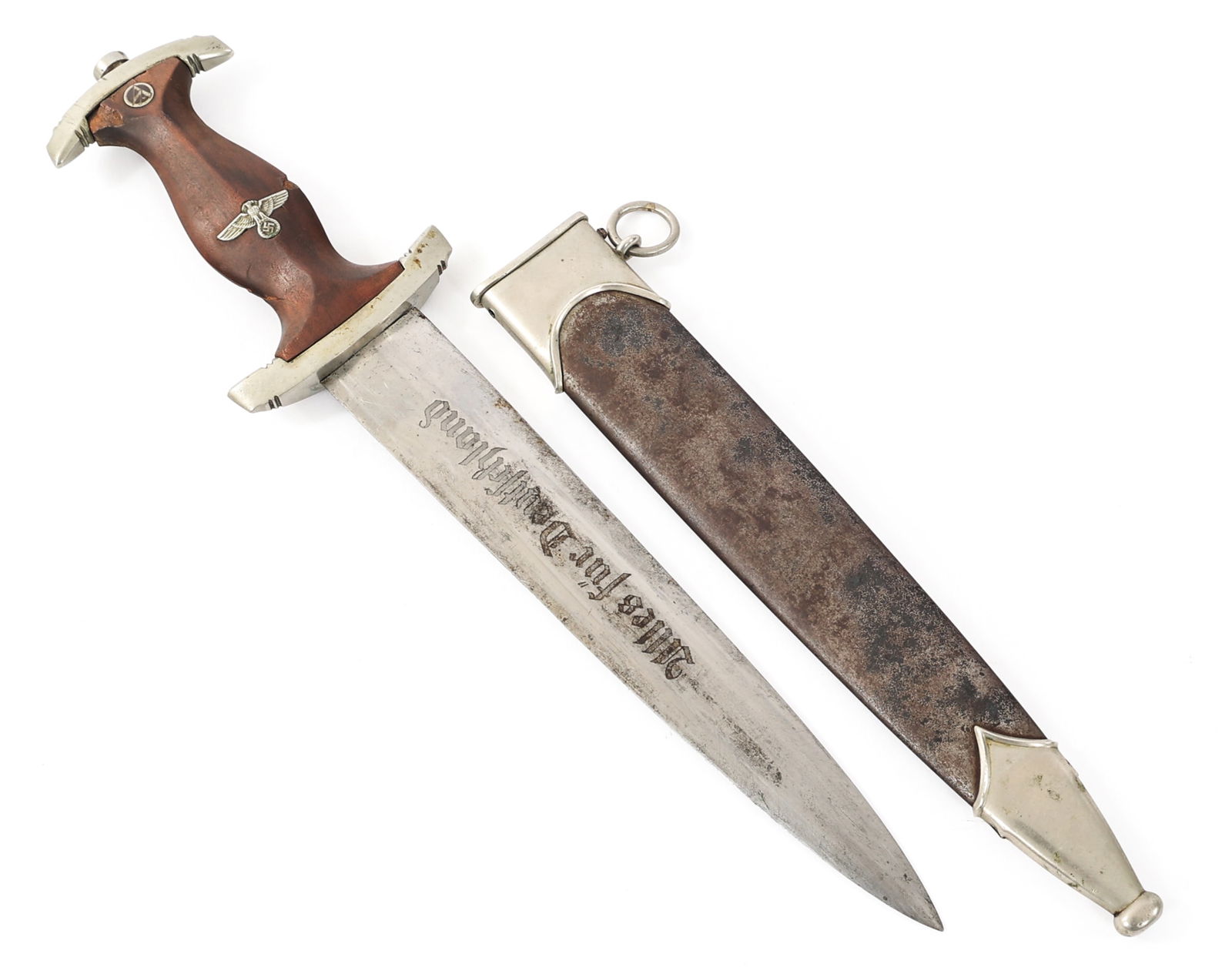 WWII GERMAN SA DRESS DAGGER By FRITZ BARTHELMESS: WWII GERMAN SA DRESS DAGGER By FRITZ BARTHELMESS WWII German SA Dress Dagger. Double edged, bright blade with acid etched motto "Alles Fur Deutschland" in light grey background. Slightly visible cross