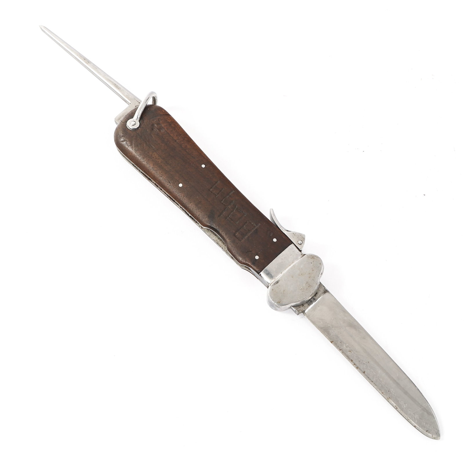WWII GERMAN PARATROOPER GRAVITY KNIFE by SMF: WWII GERMAN PARATROOPER GRAVITY KNIFE by SMF WWII German Paratrooper Gravity Knife by SMF. Single edged, stainless steel blade. Maker mark by SMF and "Rostfrei" acid etched into the blade. Wood grips 