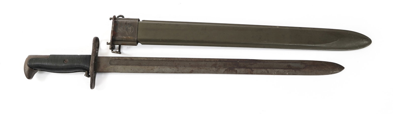 WWII US M1905 BAYONET by PAL WITH SCABBARD: WWII US M1905 BAYONET by PAL WITH SCABBARD WWII US M1905 Bayonet by Pal with Scabbard. Single edged, parkerized blade with fuller. Maker mark of Pal and Ordnance Dept. Flaming bomb stamped on the rica