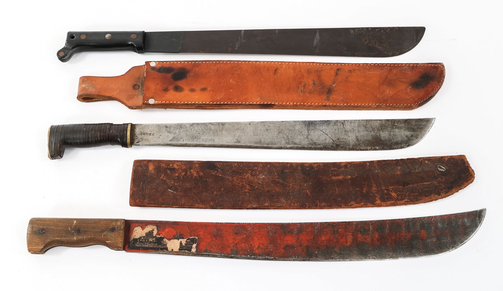 WWI - WWII USMC MK 2 & COLLINS & CO MACHETES: WWI - WWII USMC MK 2 & COLLINS & CO MACHETES WWI - WWII USMC Mk. 2 Machete & Collins & Co Civilian Machetes. (1) USMC Mk 2 Machete. Parkerized blade. Maker marked by S.W.I. and dated 1944 near the han