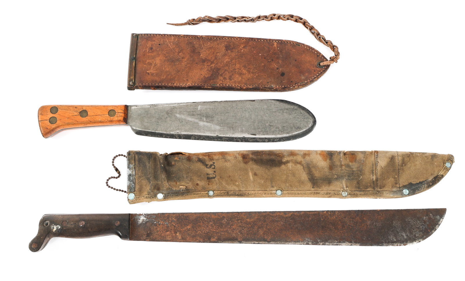 WWII US BOLO KNIFE & MACHETE by CAMILLUS: WWII US BOLO KNIFE & MACHETE by CAMILLUS WWII US Bolo Knife and Machete by Camillus. (1) WWII Survival Machete. Maker mark of Camillus stamped near the ricasso. Dated 1944. Wood grips. Cloth sheath. B
