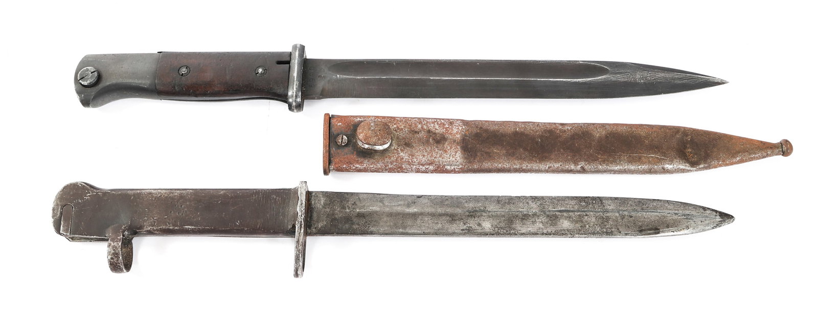 WWII - COLD WAR GERMAN & TURKISH BAYONETS: WWII - COLD WAR GERMAN & TURKISH BAYONETS WWII - Cold War German and Turkish Bayonets. (1) WWII German Combat K98. Single edged, blued blade with fuller. "42 asw" stamped on one side of the ricasso an