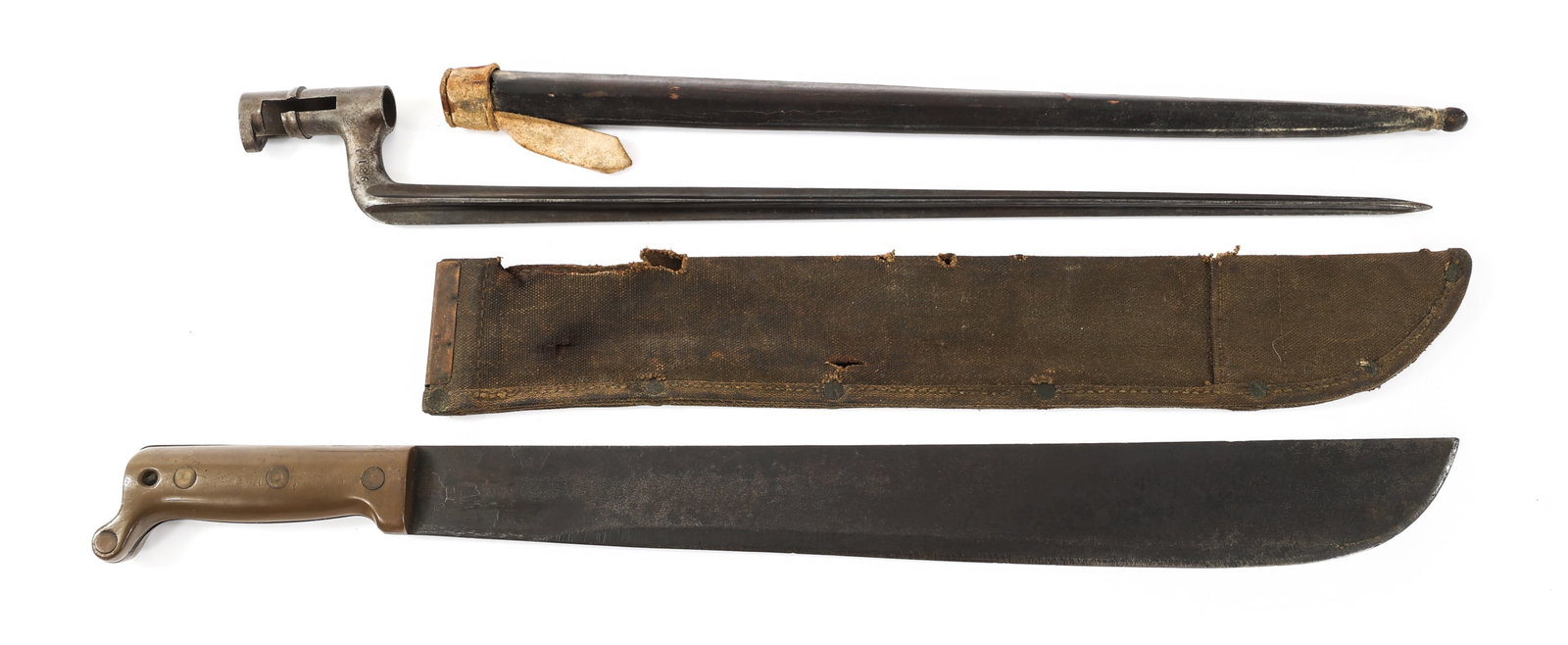 SWISS M1863 SOCKET BAYONET & US M1942 MACHETE: SWISS M1863 SOCKET BAYONET & US M1942 MACHETE Swiss M1863 Socket Bayonet and US M1942 Machete. (1) Swiss M1863. Cruciform blade. Proof marks and serial number stamped on the elbow. Leather mismatched