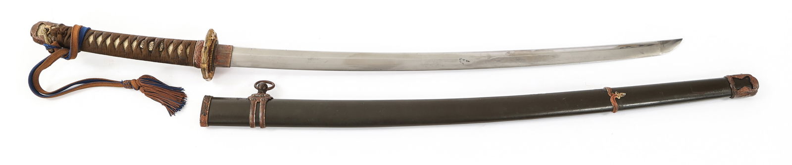 WWII IMPERIAL JAPANESE OFFICER TYPE 98 SHIN GUNTO: WWII IMPERIAL JAPANESE OFFICER TYPE 98 SHIN GUNTO WWII Imperial Japanese Officer Type 98 Shin Gunto Sword. Single edged, slightly curved, bright blade with Sugu style Hamon. Copper Habaki. Decorated b