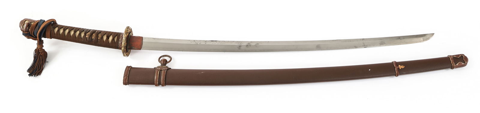 WWII IMPERIAL JAPANESE OFFICER TYPE 98 SHIN GUNTO: WWII IMPERIAL JAPANESE OFFICER TYPE 98 SHIN GUNTO WWII Imperial Japanese army Officer Type 98 Shin Gunto Sword. Single edged, slightly curved, bright blade with Gunome style Hamon. Plated copper Habak