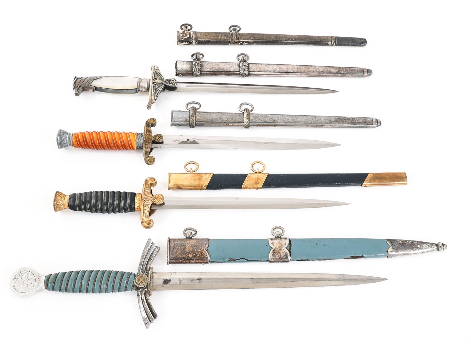 CONTEMPORARY PRODUCTION WWII GERMAN DAGGERS: CONTEMPORARY PRODUCTION WWII GERMAN DAGGERS Lot of 5 Contemporary Production Reenactor WWII German Daggers and Scabbard. Including (1) Heer Officer. (1) 1st Model Luftwaffe. (1) Water Customs Official