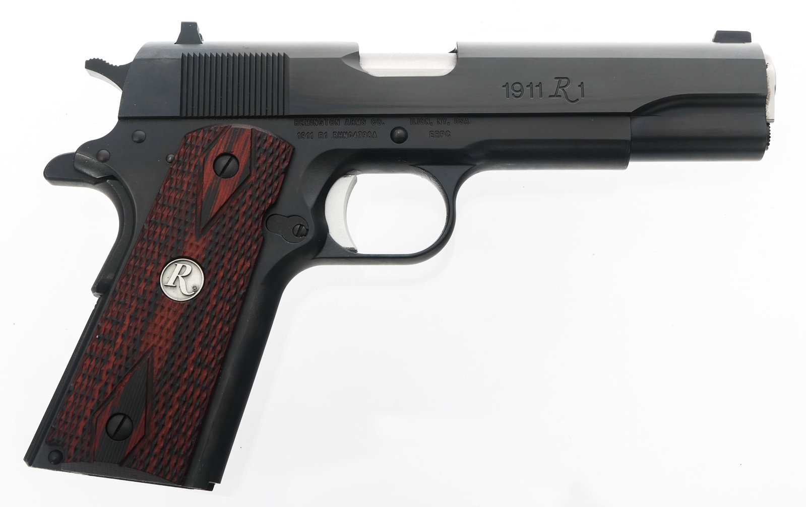 REMINGTON MODEL 1911 R1 .45 ACP CALIBER PISTOL: REMINGTON MODEL 1911 R1 .45 ACP CALIBER PISTOL Remington Model 1911 R1 .45 ACP caliber semi-automatic pistol. Fixed sights. Checkered wood grips. Two magazines. Green hard plastic Remington case with 