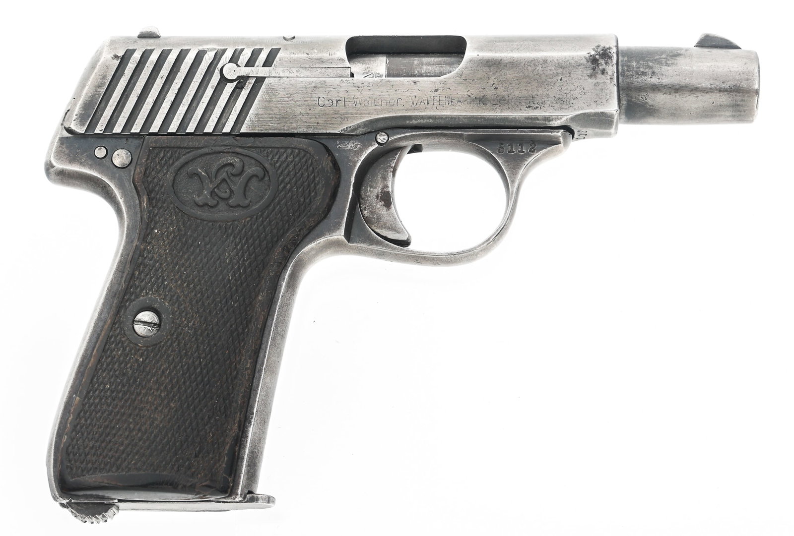 WALTHER MODEL 7 6.35mm CALIBER SEMI AUTO PISTOL: WALTHER MODEL 7 6.35mm CALIBER SEMI AUTO PISTOL Carl Walther Model 7 6.35mm caliber semi automatic pistol. Blued finish. Fixed sights. Checkered horn grips. One magazine. Caliber / Gauge: 6.35mm | Bar