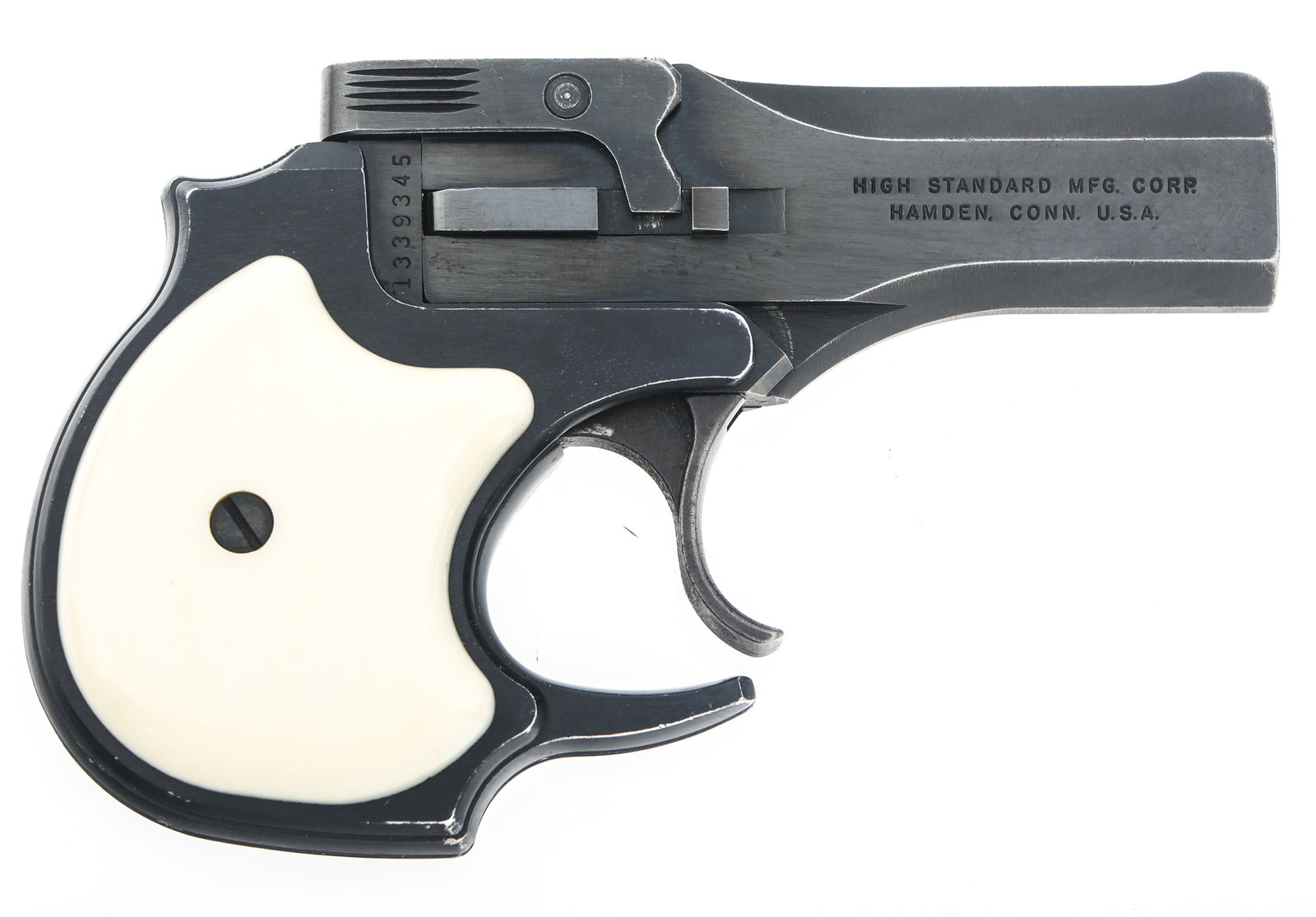 HI-STANDARD MODEL D-100 .22 LR CALIBER DERRINGER: HI-STANDARD MODEL D-100 .22 LR CALIBER DERRINGER Hi-Standard model D-100 .22 LR caliber derringer. Blued finish. Fixed sights. White plastic grips. Caliber / Gauge: 22 LR | Barrel Length: 3.5" | Seria