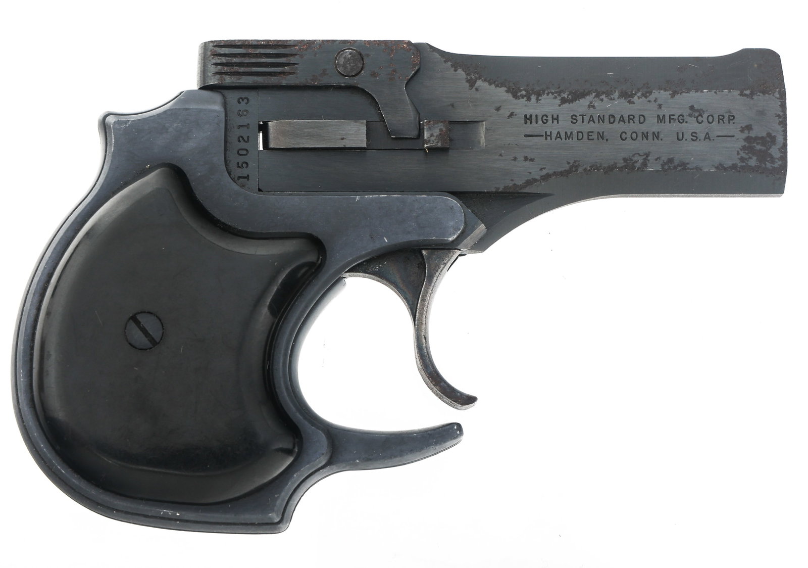 HI-STANDARD MODEL D-100 .22 LR CALIBER DERRINGER: HI-STANDARD MODEL D-100 .22 LR CALIBER DERRINGER Hi-Standard Model D-100 .22 LR caliber derringer. Blued finish. Fixed sights. Black plastic grips. Caliber / Gauge: 22 LR | Barrel Length: 3.5" | Seria