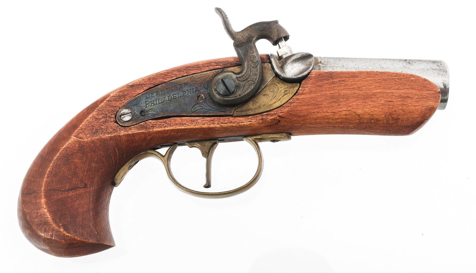 JUKAR .45 CALIBER BLACK POWDER DERRINGER: JUKAR .45 CALIBER BLACK POWDER DERRINGER Jukar .45 caliber percussion Derringer. Barrel stamped Jukar Spain. Wood stock. Caliber / Gauge: 45 | Barrel Length: 3" | Serial Number: 143785