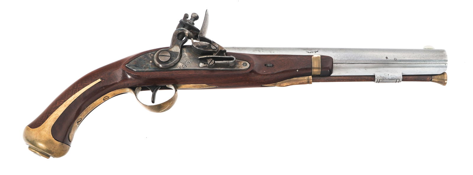 CENTENNIAL HARPERS FERRY 1805 .58 CAL PISTOL: CENTENNIAL HARPERS FERRY 1805 .58 CAL PISTOL Centennial Harpers Ferry 1805 .58 caliber pistol. Lock plate stamped Harpers Ferry 1807 with Eagle over US. Belgian Proof on left barrel. Top of barrel sta