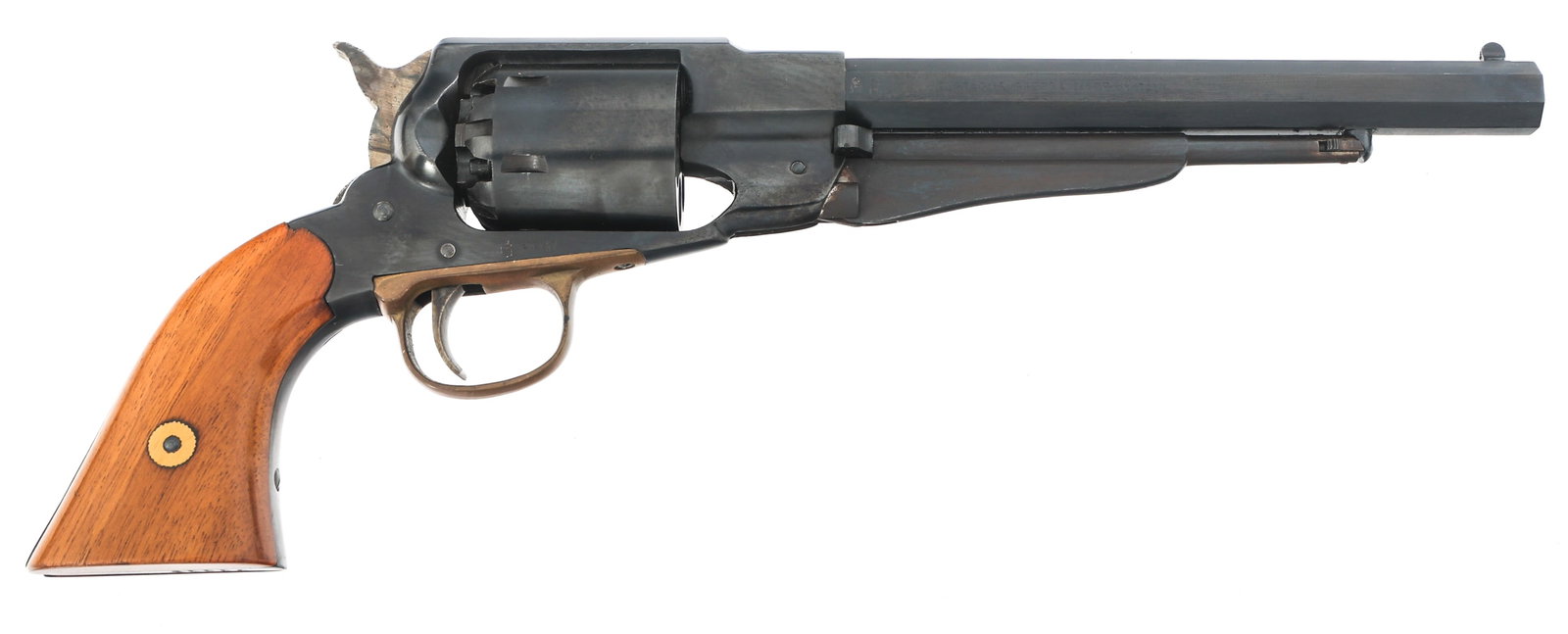 EUROARMS BRESCIA NEW ARMY .44 CALIBER SA REVOLVER: EUROARMS BRESCIA NEW ARMY .44 CALIBER SA REVOLVER Euroarms New Army .44 caliber single action percussion revolver. Octagonal barrel. Six-shot smooth cylinder. Blued finish. Wood grips. Caliber / Gauge