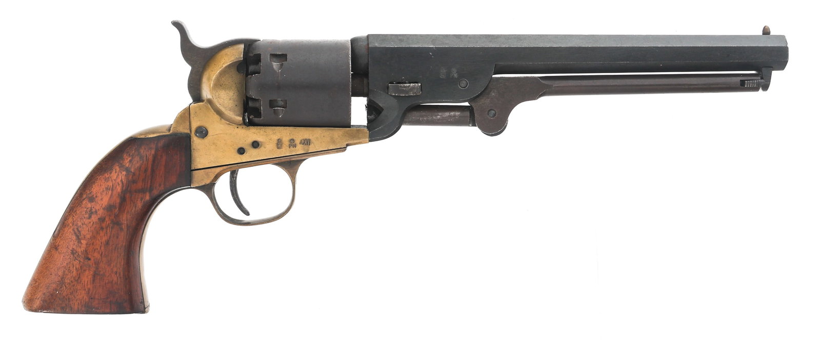 ITALIAN M1851 NAVY .36 CAL PERCUSSION REVOLVER: ITALIAN M1851 NAVY .36 CAL PERCUSSION REVOLVER Italian Model 1851 Navy .36 caliber percussion revolver. Italian proofs. Blued finish on barrel and cylinder. Brass frame, trigger guard and backstrap. W