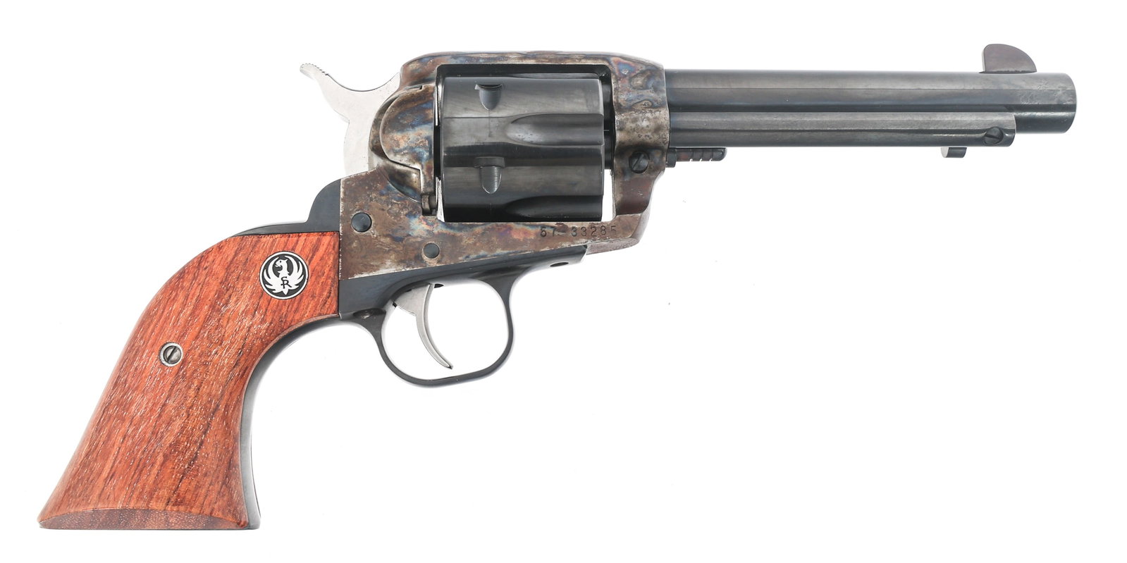 RUGER VAQUERO .45 CALIBER SA REVOLVER: RUGER VAQUERO .45 CALIBER SA REVOLVER 1999 Ruger Vaquero model .45 caliber single action revolver. Case hardened receiver. Stainless steel trigger and hammer. Ruger logo hardwood grips. Caliber / Gaug