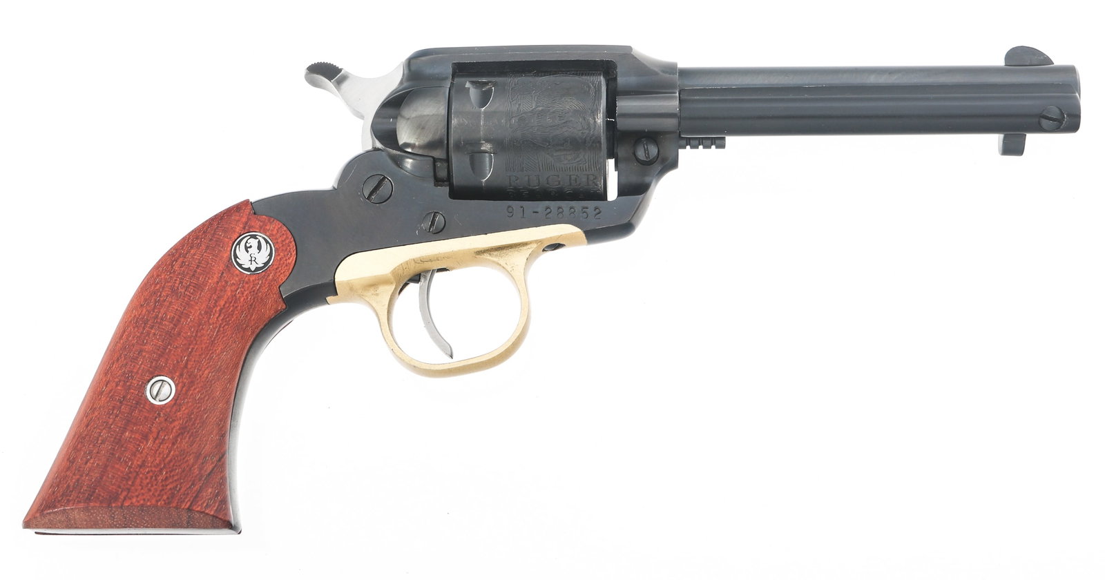RUGER MODEL BEARCAT .22 S-L-LR CALIBER SA REVOLVER: RUGER MODEL BEARCAT .22 S-L-LR CALIBER SA REVOLVER 1972 Ruger Model Bearcat .22 S-L-LR caliber single action revolver. Blued finish. Half moon front sight. Notch rear sight. Engraved cylinder. Wood gr