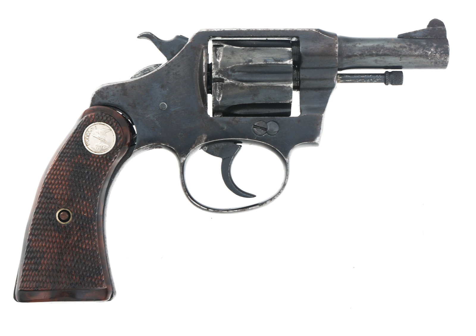 1912 COLT MODEL POLICE POSITIVE .32 CAL REVOLVER: 1912 COLT MODEL POLICE POSITIVE .32 CAL REVOLVER 1912 Colt Model Police Positive .32 Colt caliber DA revolver. Blued finish. Fixed sights. 6 shot fluted barrel. Checkered Franzite grips. Caliber / Gau