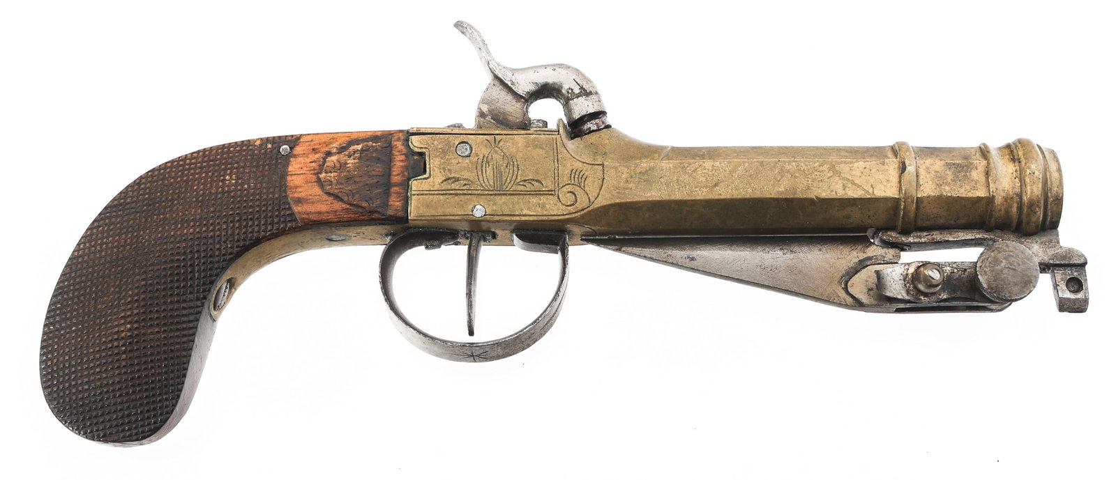 BELGIAN .50 CALIBER PERCUSSION PISTOL: BELGIAN .50 CALIBER PERCUSSION PISTOL Belgian .50 caliber single shot percussion pistol with folding bayonet. Belgian proof stamped on left side of receiver. Checkered wood stock. Under folding bayone