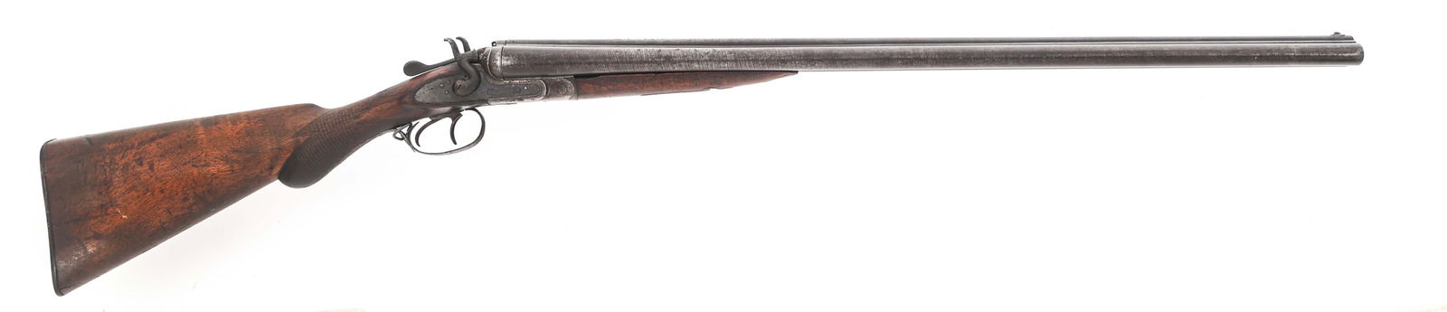 BELGIAN E.C. MEACHAM 12 GA / 7.2mm DRILLING RIFLE: BELGIAN E.C. MEACHAM 12 GA / 7.2mm DRILLING RIFLE Belgium E.C. Meacham 12 gauge / 7.2mm calibers drilling rifle. J.M. Davis Memorial Museum brass tag. Damascus twist barrels. Barrels flats stamped BEL