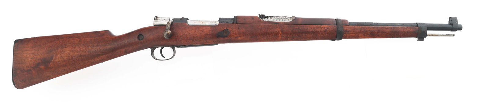 SPANISH MODEL 1893 7mm CALIBER BOLT ACTION CARBINE: SPANISH MODEL 1893 7mm CALIBER BOLT ACTION CARBINE Spanish Model 1893 7x57mm Mauser bolt action carbine. No visible import mark. Blued finish. Serial numbers match on receiver, trigger guard, and stoc