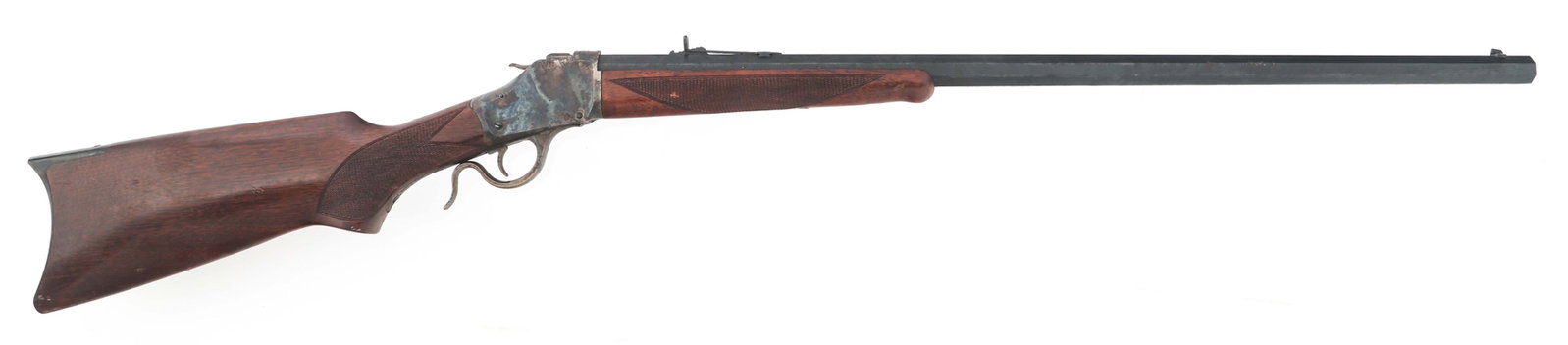 UBERTI 1885 HIGH WALL 45-70 SPORTING RIFLE: UBERTI 1885 HIGH WALL 45-70 SPORTING RIFLE Uberti 1885 High Wall .45-70 caliber sporting rifle. Blued octagonal barrel. Import marked Stoeger. Case hardened receiver. Blade front sight. Adjustable rea