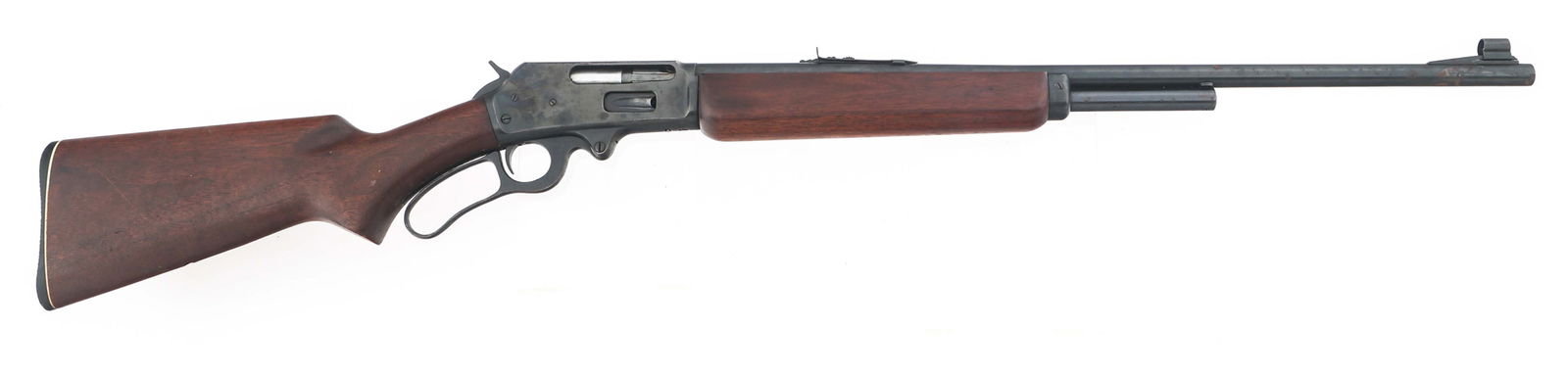 MARLIN MODEL 336A .35 REM CAL LEVER ACTION RIFLE: MARLIN MODEL 336A .35 REM CAL LEVER ACTION RIFLE 1950 Marlin Model 336A .35 REM caliber lever action rifle. Blued finish. Wood stocks. Adjustable rear sight. Hooded front sight. Sling mount missing on