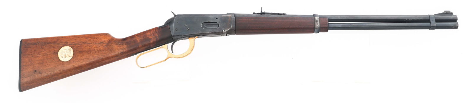 WINCHESTER MODEL 94 .32 WS LEVER ACTION RIFLE: WINCHESTER MODEL 94 .32 WS LEVER ACTION RIFLE 1947 Winchester Model 94 .32 WS caliber lever action rifle. Replaced stock with Medallion of stagecoach inlaid on right side. Replaced lever. Blued finish