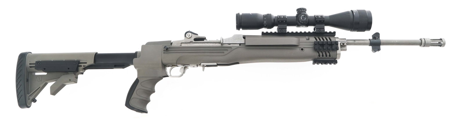 RUGER MODEL MINI 14 .223 REM CALIBER RIFLE: RUGER MODEL MINI 14 .223 REM CALIBER RIFLE Ruger Model Mini-14 .30-30 caliber semi automatic carbine. Matte stainless steel finish. ATI composite folding stock with three position telescoping butt sto