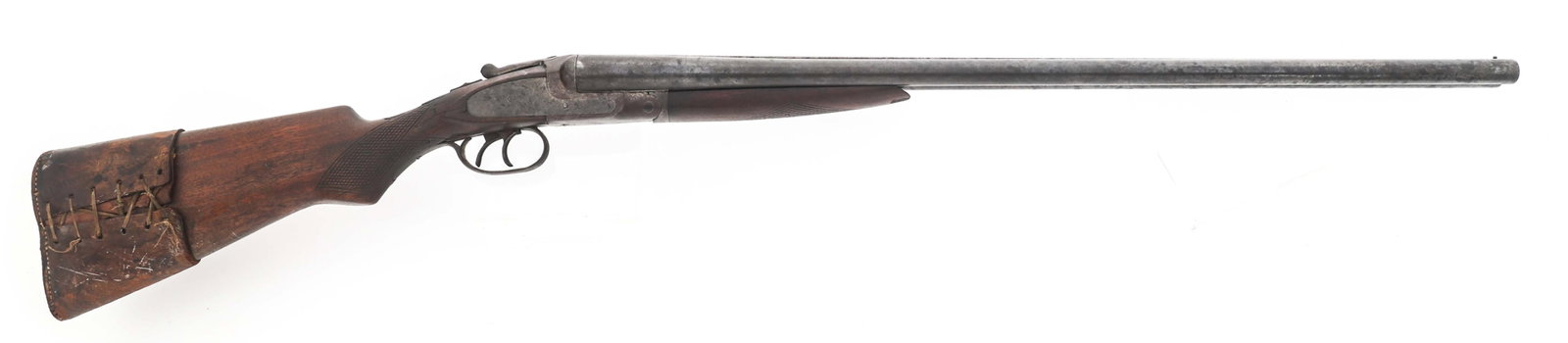 HOPKINS & ALLEN SIDE BY SIDE 12 GAUGE SHOTGUN: HOPKINS & ALLEN SIDE BY SIDE 12 GAUGE SHOTGUN Hopkins & Allen Arms Company side by side 12 gauge shotgun. Bead front sight. Checkered wood stock. Leather butt pad cover. Caliber / Gauge: 12 | Barrel L