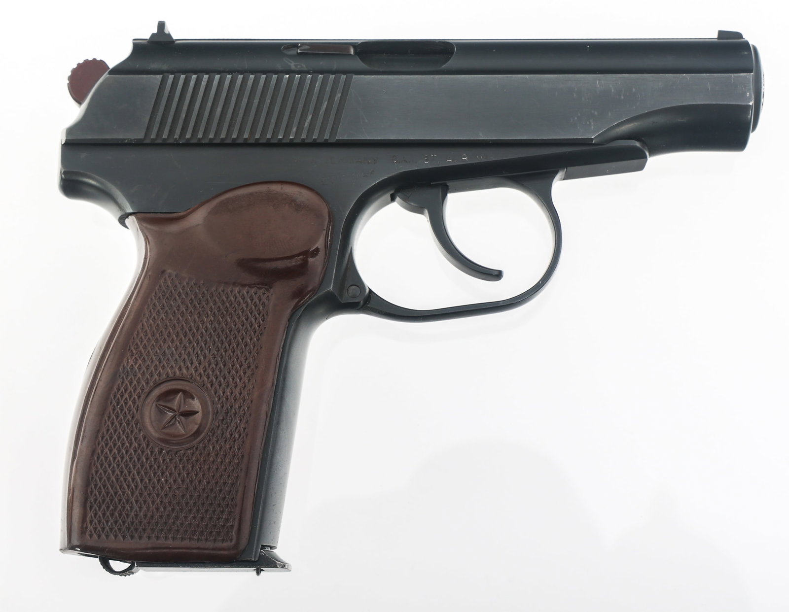 EAST GERMAN MODEL PM 9x18mm CALIBER MAKAROV PISTOL: EAST GERMAN MODEL PM 9x18mm CALIBER MAKAROV PISTOL 1963 East German Ernst Thaelmann Model PM 9x18 caliber semi automatic Makarov pistol. CAI import stamp. Blued finish. Fixed sights. Checkered composi