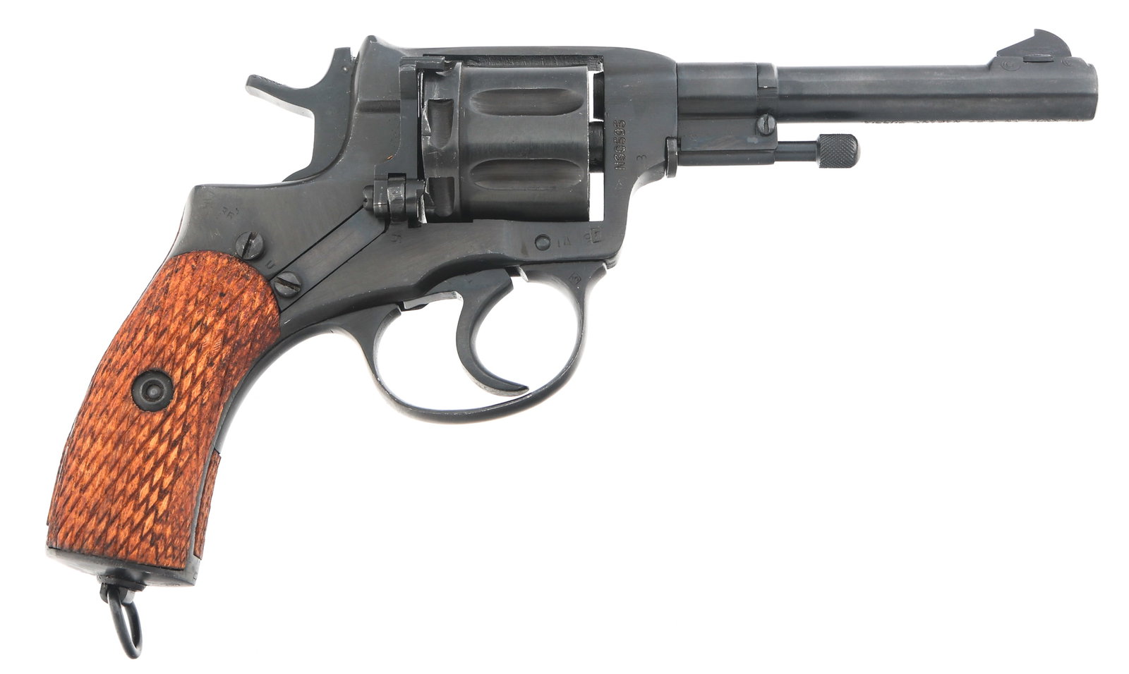 1944 WWII RUSSIAN IZHEVSK MODEL 1895 7.62 REVOLVER: 1944 WWII RUSSIAN IZHEVSK MODEL 1895 7.62 REVOLVER 1944 WWII Russian Izhevsk Model 1895 7.62x38mmR caliber double action revolver. TG Knox import stamped. Serial numbers match on frame, trigger guard,
