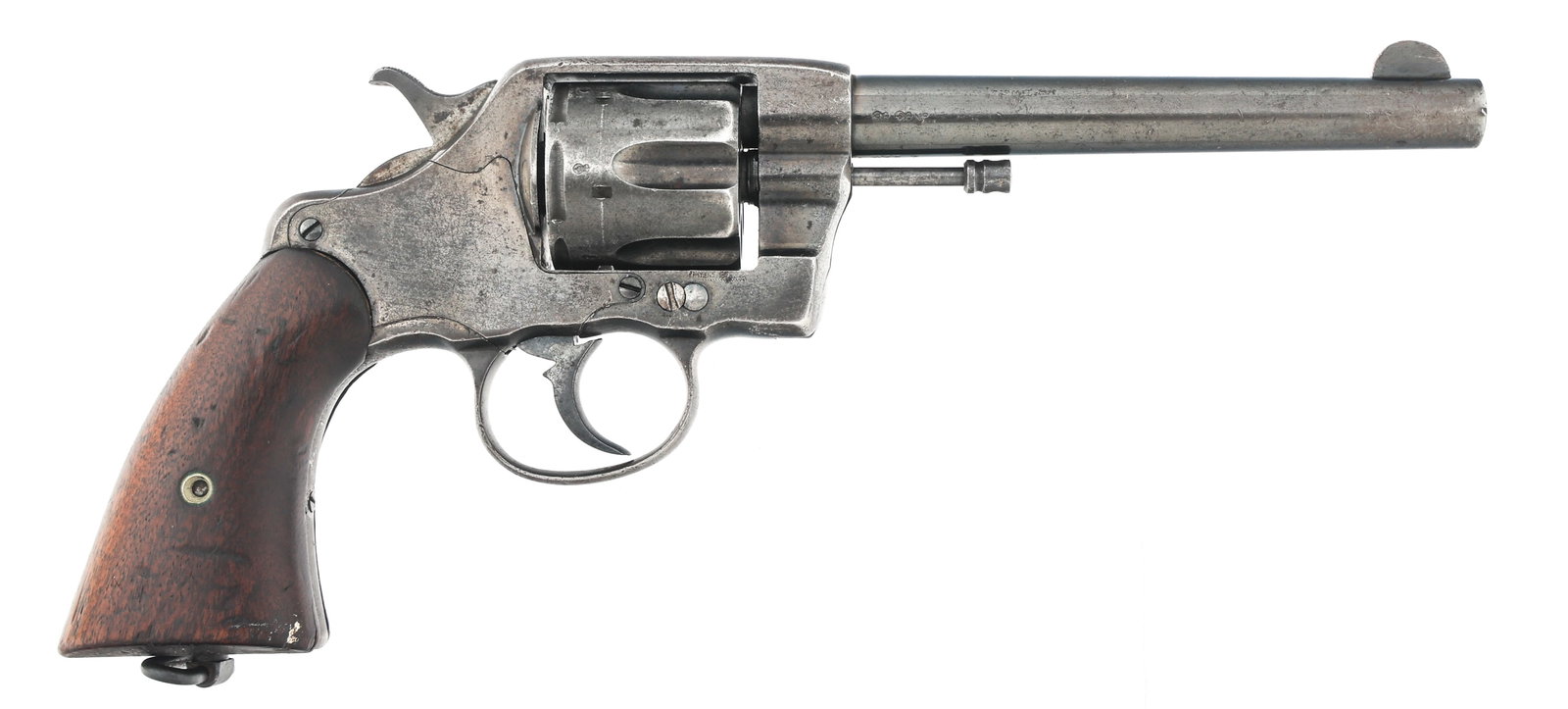 BRITISH COLT NEW ARMY MODEL 1901 38 CAL REVOLVER: BRITISH COLT NEW ARMY MODEL 1901 38 CAL REVOLVER 1895/1901 British Colt New Army Model 1901 .38 caliber D.A. revolver. Colt two line address and patent stamped on top of barrel. Left side marked Colt 